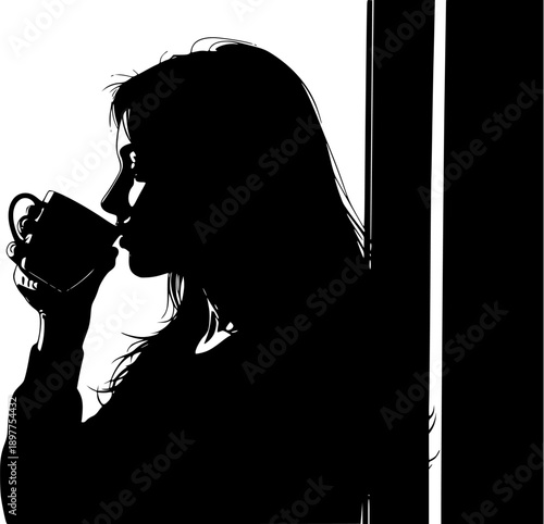 Silhouette Woman Drinking Coffee by Window for Lifestyle Poster, Cafe Branding, Website Header, Blog Illustration, and Social Media Content