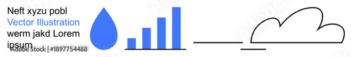 Environmental awareness, data analysis, cloud computing, sustainability, growth metrics, technology. Blue water drop, bar chart and simple cloud outline. Data analysis and sustainability concept