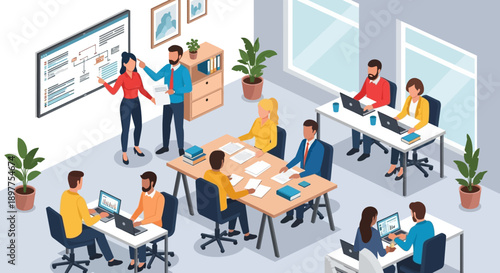 Office Meeting with Colleagues Collaborating.