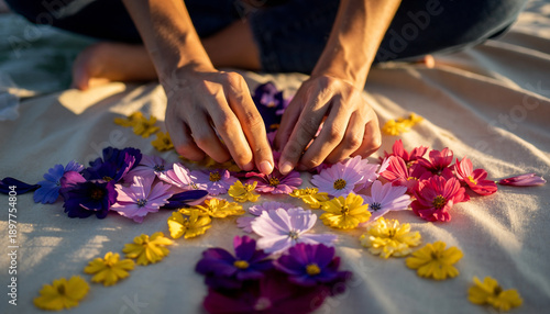 Hands Arrange Colorful Flower Petals Into Circular Pattern.