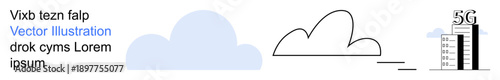 Data transmission, cloud computing, 5G networks, wireless communication, internet infrastructure, modern technology. Minimal cloud and 5G building elements. Cloud computing and data transmission