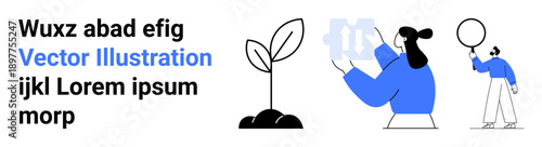 Growing plant sprout, person analyzing gear for innovation, another holding balloon. Ideal for sustainability, innovation, teamwork, creativity, climate action, education simple landing page