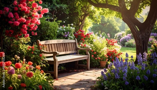 A serene garden scene, a wooden bench sits on a stone path surrounded by vibrant flowers and lush greenery bathed in sunlight