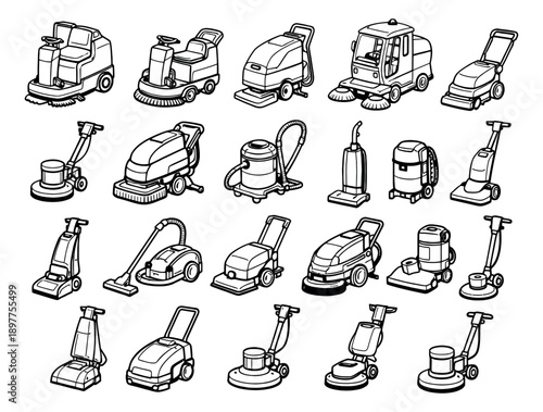 Hand drawn line art commercial cleaning machines set featuring various floor scrubbers and vacuum cleaners for maintenance services
