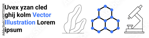 Science, education, biology, chemistry, innovation, technology. Molecular structure, microscope and abstract plant graphic. Science and education in biology and chemistry concept