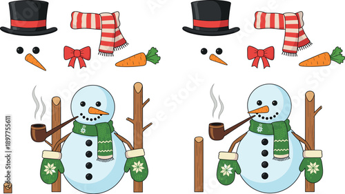 Cute snowman character vector set with winter accessories hats scarves gloves and facial elements