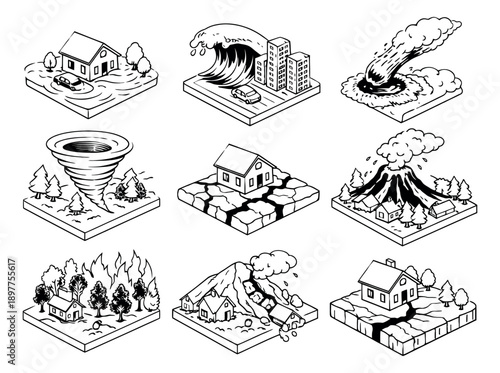 Hand drawn isometric line art natural disaster set featuring flood, tsunami, volcanic eruption, and earthquake for environmental awareness and risk assessment