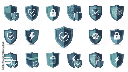 Security icons on shields with symbols.