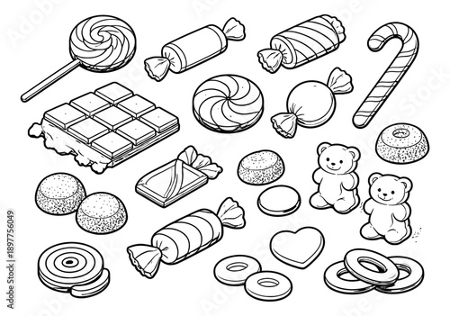Hand drawn line art sweets set featuring lollipops, chocolate, and gummy bears for confectionery design