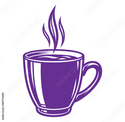 Purple coffee cup with steam rising isolated on white background