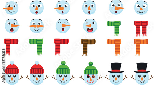 Cute snowman face expression set with winter hats and scarves cartoon vector