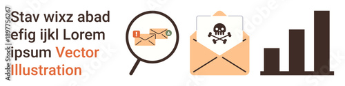 Cybersecurity, email phishing, malware detection, digital security, risk management, fraud analysis. Magnifying glass inspecting emails, skull on envelope bar graph. Cybersecurity and email phishing