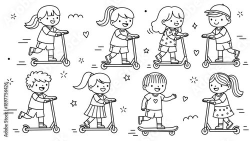 Happy Children Riding Scooters and Skateboards Outdoors.