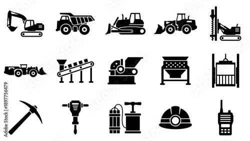 Collection of Industrial Construction and Mining Equipment Icons.