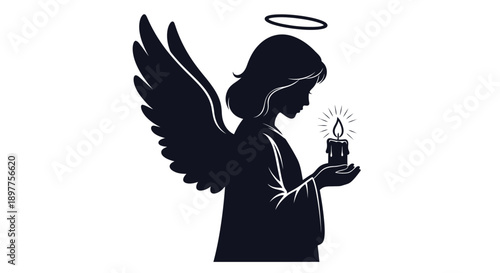 A silhouette illustration of a business man as a black angel with wings holding a heart and a gun profile vector