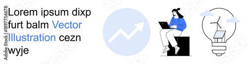Business growth, renewable energy, sustainability, remote work, innovation, data analysis. Features a person using a laptop, a graph and a lightbulb with solar panel and wind turbine. Business
