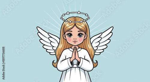 A beautiful cartoon fairy angel with white wings and a golden smile flying through the heaven sky in this vector art illustration of a fantasy character