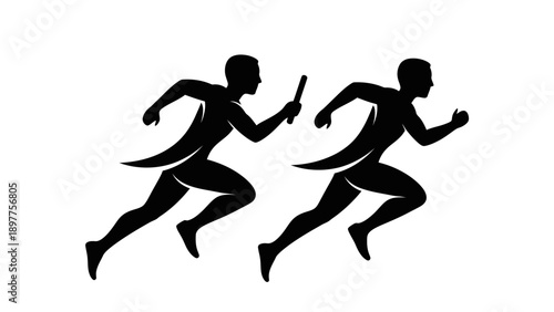 Two athletes running with baton exchange.