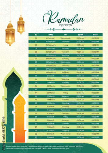 Ramadan Kareem Sehri and Iftar Time Table Calendar Design