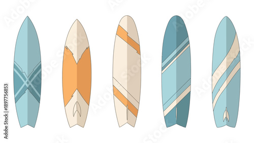 Five colorful surfboards in a row.