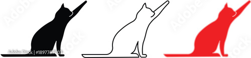 Three stylized cat silhouettes in black, outline, and red, with one paw raised, depicting playful or reaching posture.