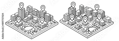 Hand drawn isometric line art city map set featuring buildings, parks and location pins for urban planning and navigation