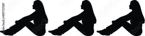 Three identical black silhouettes of a person sitting on the ground, looking to the left with knees bent in a relaxed pose.