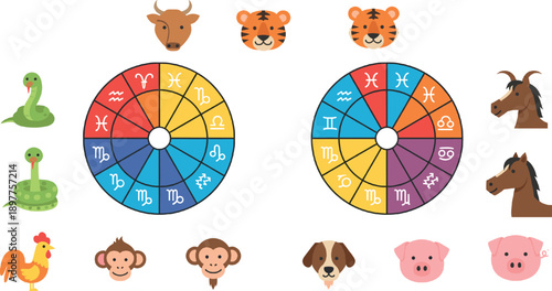 Cute animal icon set with colorful zodiac wheel infographic charts cartoon vector
