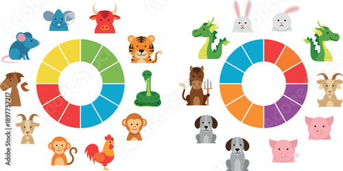 Cute animal icon set with colorful circular infographic charts for kids design