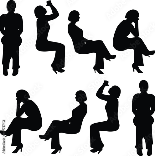 Collection of black silhouettes depicting women in various sitting and standing poses, showcasing different body language and postures.