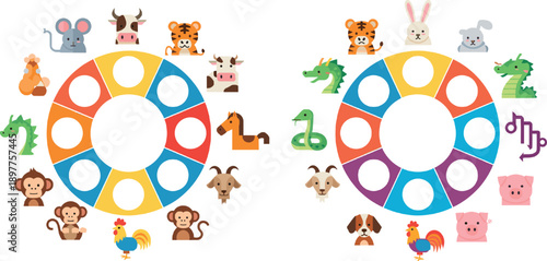 Cute animal wheel infographic vector set with colorful circular charts and cartoon animals