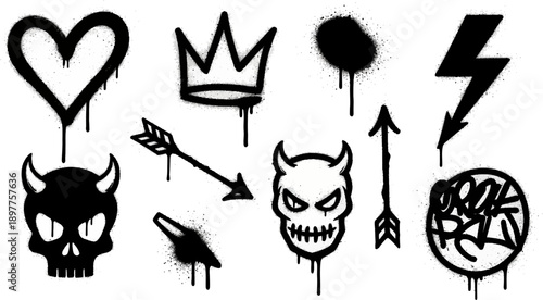 A collection of black graffiti-style stencils including a heart, crown, lightning bolt, devil skulls, arrows, and abstract splatters with paint drips.