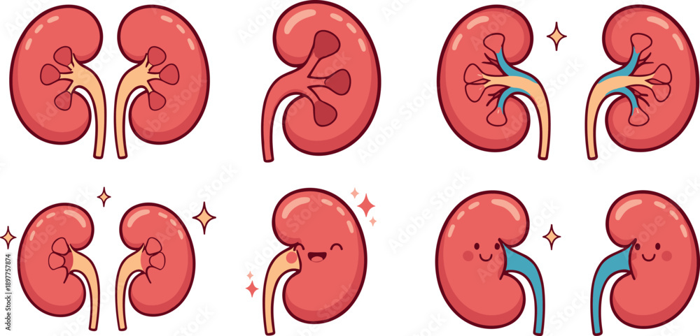 Obraz premium Cute Cartoon Kidney Icon Set for Anatomy Education and Medical Health Vector Illustration