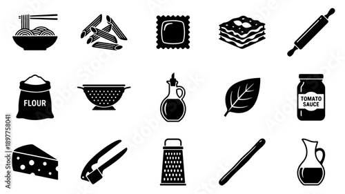 Collection of Italian Food Ingredients and Utensils Icons.