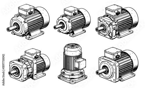 Hand drawn electric motor set featuring industrial machinery for engineering and manufacturing