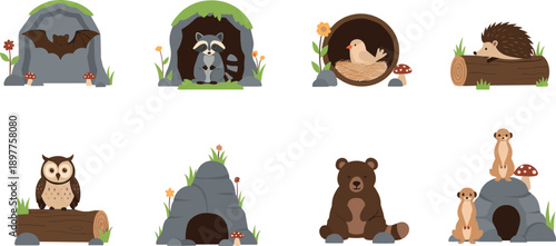 Cute Forest Animal Home Scene Vector Set with Woodland Wildlife Characters
