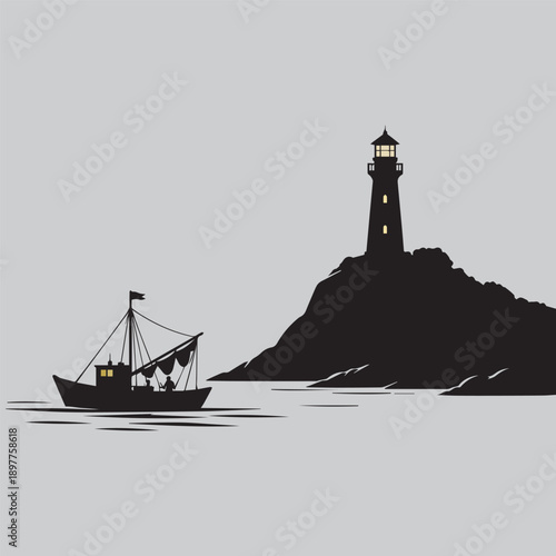 Minimalist lighthouse on rocky hill with fishing boat silhouette on calm sea. Night maritime scene with soft lights, flat vector illustration, modern and elegant nautical design