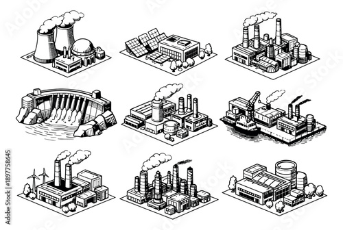 Hand drawn line art isometric industrial buildings set featuring power plants and factories for industry and energy infrastructure