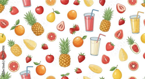 A vibrant seamless pattern featuring an assortment of fresh fruits like pineapples, strawberries, oranges, and apples, alongside refreshing fruit juices on a white background.