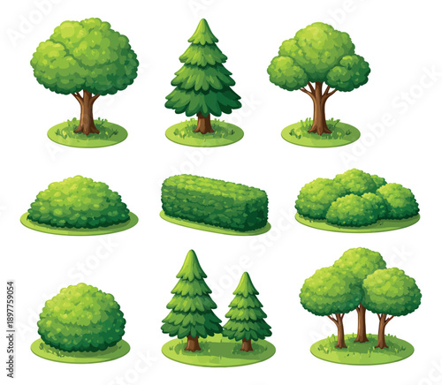 Cartoon style garden elements set featuring deciduous trees, fir trees, and various bushes for game design