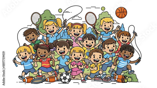 A large group of diverse and happy children playing various sports and outdoor activities with equipment like tennis rackets, jump ropes, and a basketball.