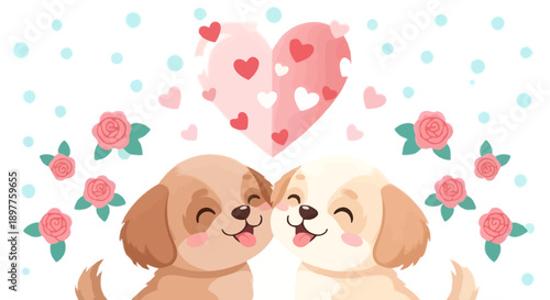 Cute dogs kissing with heart and roses on Valentine's Day, vector illustration isolated on white background