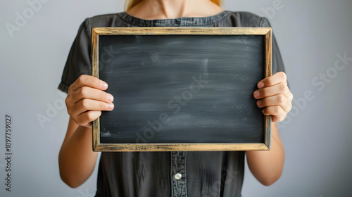 model holding a blank black chalkboard education
