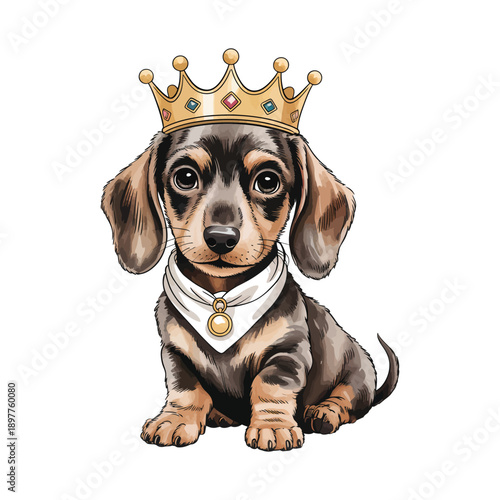 A charming digital illustration depicts a dachshund wearing a golden crown and a white collar with a pendant high-quality professional detailed modern.