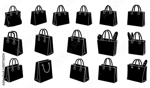 Black Tote Bag Silhouette Icons Shopping Reusable Bag Vector Pack