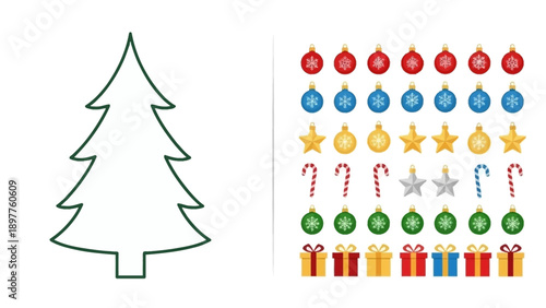 A simple outline of a Christmas tree alongside various festive decorations and ornaments.