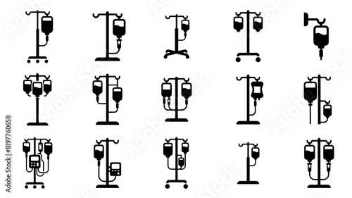 Collection of medical IV drip stand silhouettes for healthcare settings.