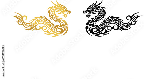 Chinese dragon silhouette illustration set featuring golden and black mythical creatures traditional oriental tattoo vector design