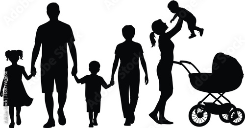 Family walking silhouette vector with parents holding children hands mother lifting baby near stroller for happy parenting lifestyle illustration