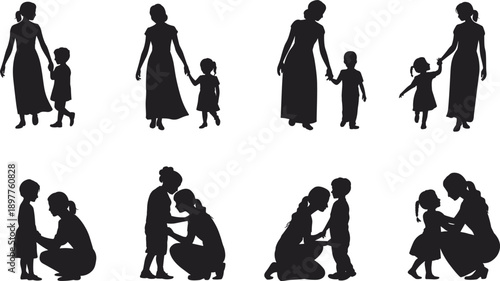 Mother and child silhouette vector set showing walking hugging caring parenting moments for family love lifestyle illustration collection design